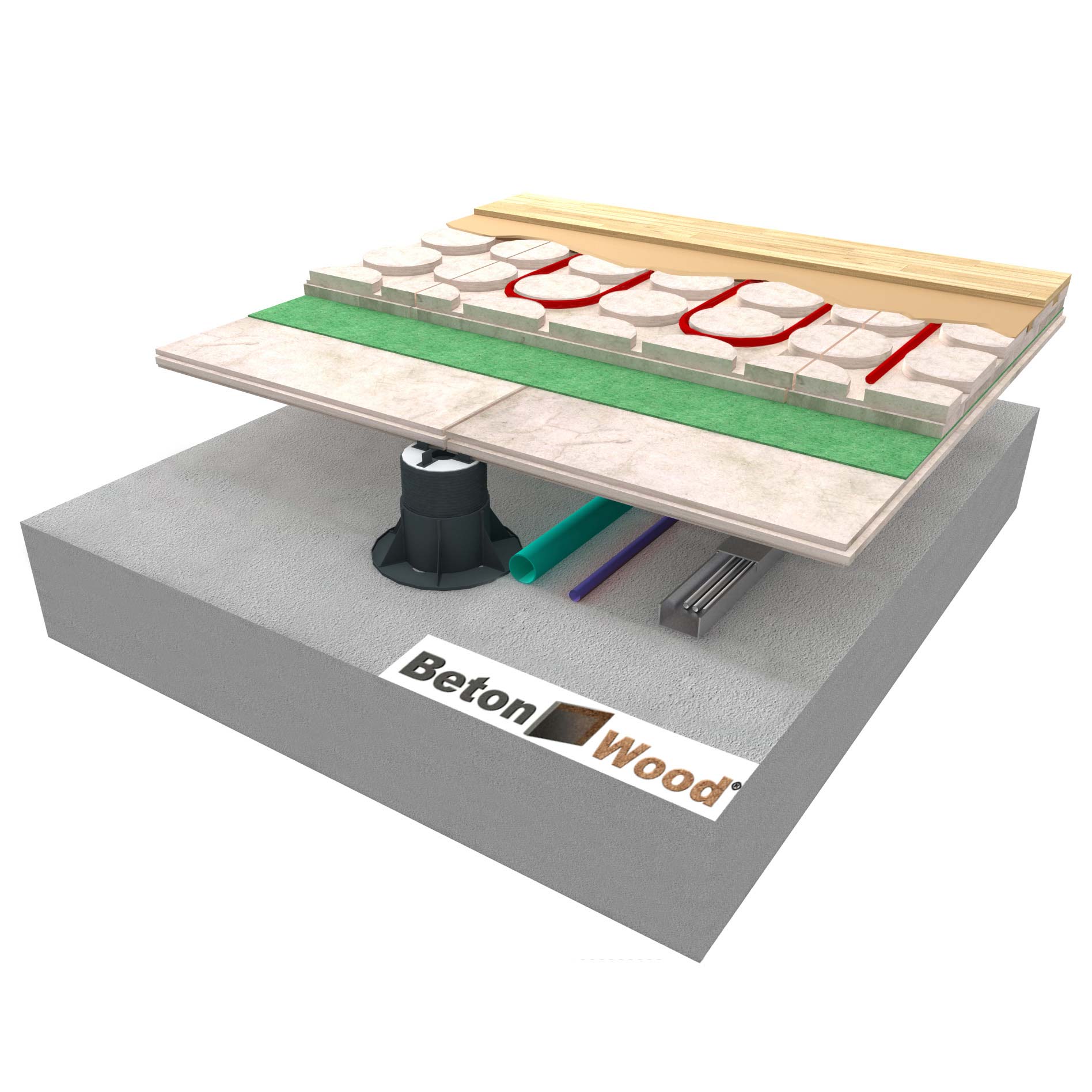Massetto radiante galleggiante con tappetino Underfloor pannelli BetonWood T&G su supporti autolivellanti